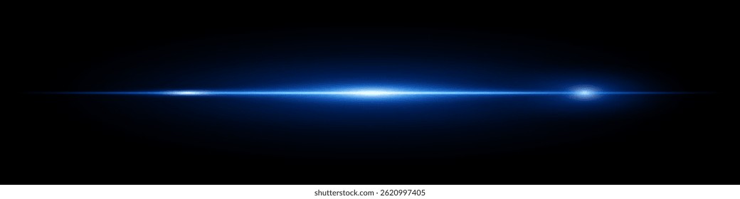 Brilhante luz azul neon lente flare isolado no fundo escuro. Feixe futurista minimalista ideal para elementos de IU, projetos digitais, visuais de ficção científica. Ilustração vetorial de EPS.
