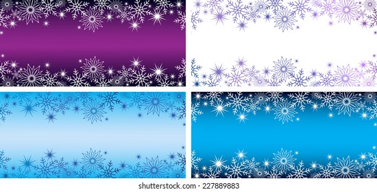 bright horizontal blue and purple banners with snowflakes and stars for a winter or Christmas design