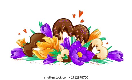 Bright horizontal composition of spring crocuses and chocolate chip cookies. Vector spring illustration isolated on white background.