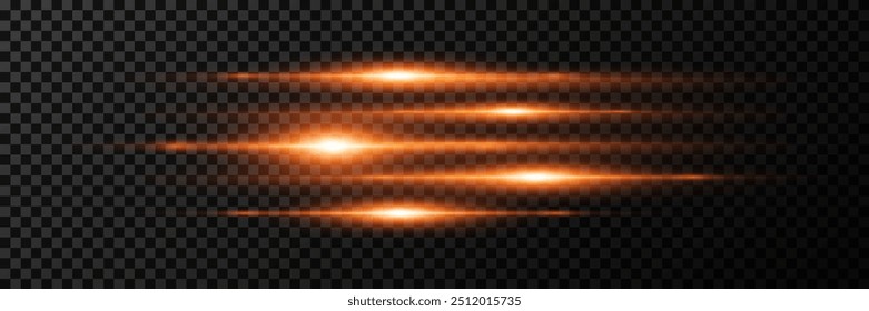 Bright horizontal flash of light. Laser rays, light rays. Golden glare effect on a transparent background.