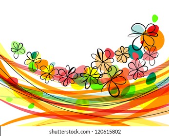 Bright horizontal floral background with flying colorful flowers. Eps10