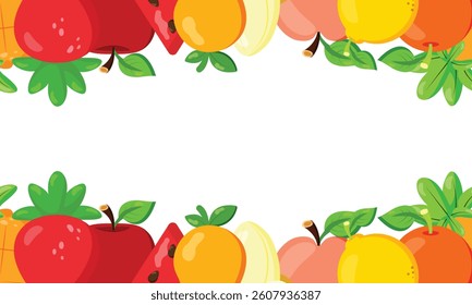 Bright horizontal fruit border with apples, bananas, oranges, and berries. Ideal for food packaging, summer promotions, juice ads, or kids party invitations