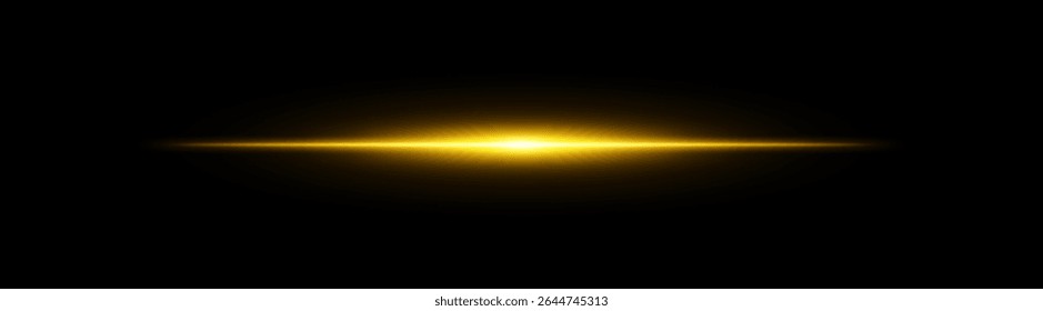 Bright horizontal golden beam. Central light burst with smooth radial fade on black background, ideal for sci-fi, energy or speed visuals.