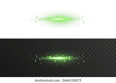 Bright horizontal green laser light with soft blur glow, illumination beam, and transparent edges. Use for projection effects, digital UI highlights, sci-fi graphics, or high-energy visual design comp