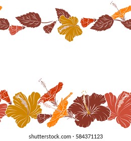 Bright horizontal hawaiian seamless pattern with tropical hibiscus flowers on a white background in brown, orange and yellow colors with copy space (place for your text).