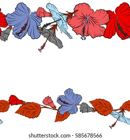 Bright horizontal hawaiian seamless pattern with tropical hibiscus flowers on a white background in orange, pink and red colors with copy space (place for your text).
