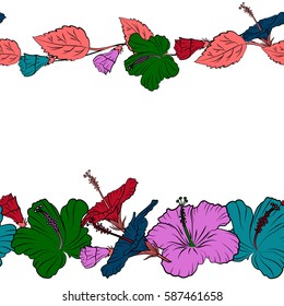 Bright horizontal hawaiian seamless pattern with tropical hibiscus flowers on a white background in violet, blue and red colors with copy space (place for your text).