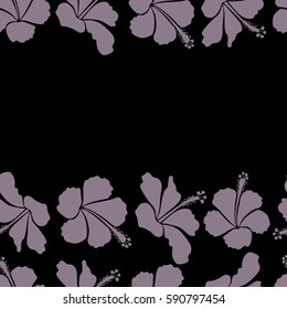Bright horizontal hawaiian seamless pattern with tropical hibiscus flowers on a black background in neutral colors with copy space (place for your text).