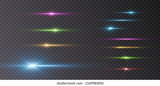 Bright horizontal highlights. Laser beams, horizontal beams of light. Beautiful light flashes. Glowing stripes on a transparent background. Glowing abstract sparkling background. Vector