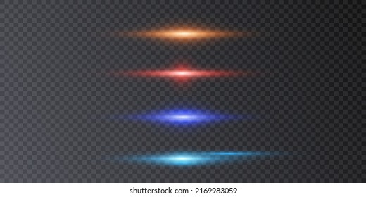 Bright horizontal highlights. Laser beams, horizontal beams of light. Beautiful light flashes. Glowing stripes on a transparent background. Glowing abstract sparkling background. Vector