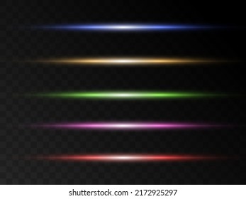 Bright horizontal highlights. Laser beams, horizontal beams of light. Beautiful light bursts PNG. Vector