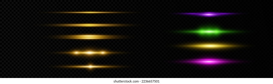 Bright horizontal highlights. Laser beams, horizontal beams of light. Beautiful light flashes. Glowing stripes on a transparent background. Glowing abstract sparkling background. Vector