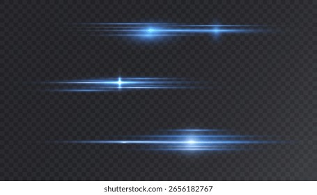 Realces horizontais brilhantes. Feixes laser, feixes horizontais de luz. Bela luz estoura PNG. Vetor
