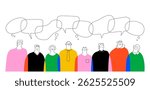 A bright horizontal illustration with a crowd of different stylized people and a series of linear intersecting speech bubbles above them. The concept of society and communication.