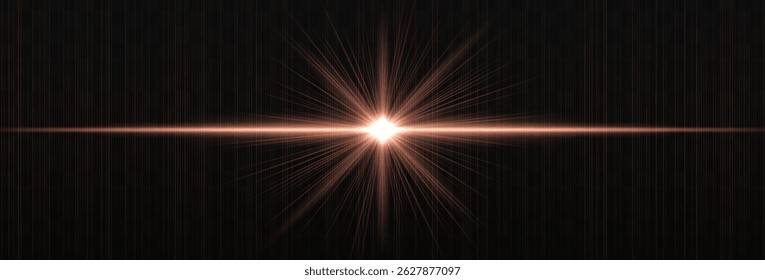 Luz horizontal brilhante flare com raios brilhantes e listras sutis no fundo escuro. Efeito de vetor mínimo e limpo para design digital e destaques.