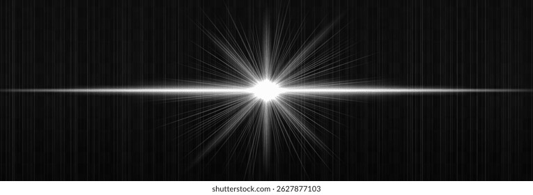 Bright horizontal light flare with glowing rays and subtle streaks on dark background. Clean, minimal vector effect for digital design and highlights.