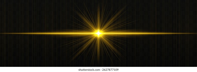 Bright horizontal light flare with glowing rays and subtle streaks on dark background. Clean, minimal vector effect for digital design and highlights.