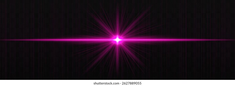 Brillante destello de luz Horizontal con rayos brillantes y sutiles rayas sobre fondo oscuro. Efecto de Vector limpio y mínimo para el diseño digital y los aspectos destacados.