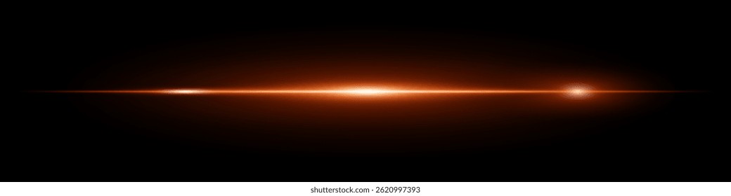 Clarão de lente laranja neon horizontal brilhante isolado em fundo escuro. Feixe futurista minimalista ideal para elementos de IU, projetos digitais, visuais de ficção científica. Ilustração vetorial de EPS.