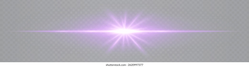 Bright horizontal pink lens flare with star-shaped glow isolated on transparent background. Futuristic vibrant beam ideal for UI design, special effects, digital visuals. EPS vector illustration.