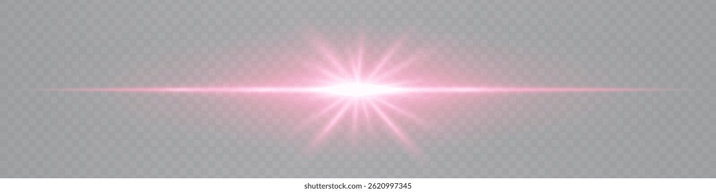 Bright horizontal red lens flare with star-shaped glow isolated on transparent background. Futuristic vibrant beam ideal for UI design, special effects, digital visuals. EPS vector illustration.