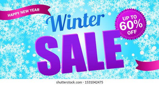 Bright horizontal Sale flyer on light blue background with snowflakes. Text - Winter sale up to 60 off. Happy New Year. Snow vector illustration.