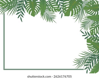 Bright horizontal top corner frame of tropical greenery. Tropical leaves frame. Vector design illustration. Hand drawn