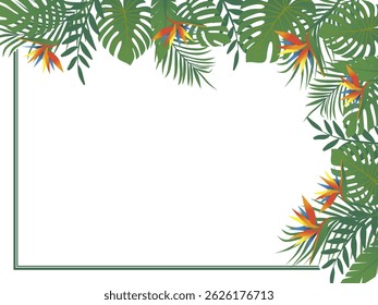 Bright horizontal top corner frame of tropical greenery and bright flowers. Tropical leaves frame. Vector design illustration. Hand drawn