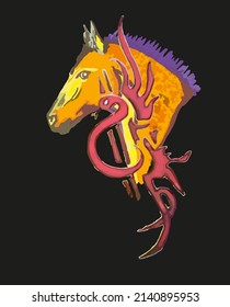 Bright horse head and flaming dark red snake on black for your ideas. Orange-yellow stallion head with purple mane and winding snake for interior solutions, sports or shields emblems, textiles, fabric