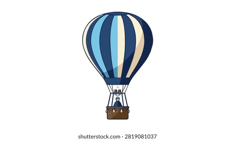 Bright hot air balloon soaring above clouds with vivid blue and white panels ideal for travel and adventure related visuals