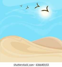 Bright hot desert landscape background with sand dunes and flock of flying birds vector illustration