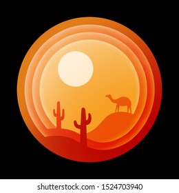 Bright hot desert at sunset. Camel on the background of sand dunes and cacti. Vector illustration isolated on a black background. Round pattern in the style of cut paper.