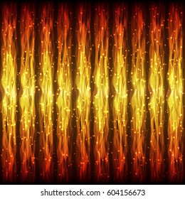 Bright Hot Seamless Pattern of Fiery Wave Lines for App, Program, Website. Fire Effect. Continuous Burning Background with Effect of Flying Twinkle Particles.