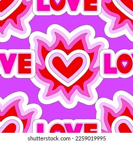 Bright hot sensual seamless pattern of flaming heart and lettering on purple background. Vector illustration for Valentine's Day. Love and passion. Wrapping paper, wallpaper, fabric