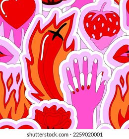 Bright hot sensual seamless pattern of hands, flame, chili, melting heart, kiss, strawberry and rose. Vector illustration for Valentine's Day. Love and passion. Wrapping paper, wallpaper, fabric