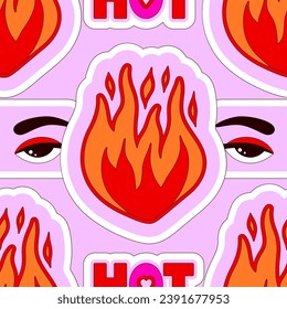 Bright hot sensual seamless pattern of fire, eyes and lettering on purple background. Vector illustration for Valentine's Day. Love and passion. Wrapping paper, wallpaper, fabric, cover
