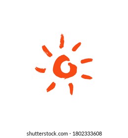 Bright hot sun. brush painted icon. Isolated on white. Hot summer weather. Vector illustration. Orange circle with  orange petals.