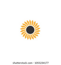 Bright hot sun or burning sunflower icon. Isolated on white. Hot summer weather. Vector flat illustration. Black circle with  yellow orange petals.