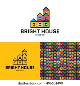 Plantilla de diseño de logotipo de Bright House. Ilustración de letrero de edificio de techo de color de Vector. Patrón de bloque de carcasa multicolor. Concepto de diseño inmobiliario