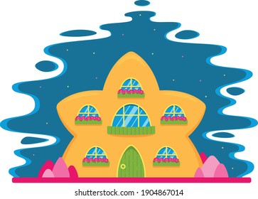 A bright house in the shape of a star with a balcony and windows, rose bushes grow nearby, a starry sky, a postcard