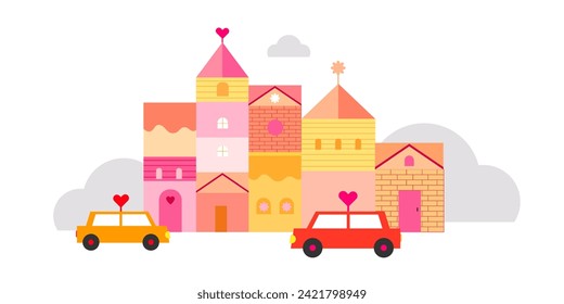 Bright houses with cars in a romantic style. Vector flat illustration.