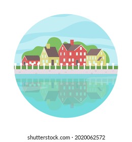 Bright houses landscape with river vector illustration. Round poster.