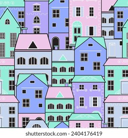 Bright houses seamless pattern. Unique flat background illustration. Vector design. 