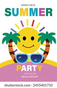 Bright hues, vibrant graphics. Join our Sunshine Summer Party! Beach vibes, cool drinks, live music. Get ready for the ultimate summer celebration