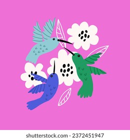 Bright Hummingbird with flower cotton for kids print. Perfect for t-shirt, card, poster childish design