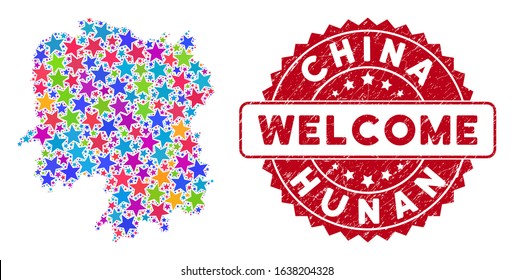 Bright Hunan Province map composition of stars, and textured rounded red WELCOME seal. Abstract territory plan in colorful color tinges. Vector Hunan Province map is designed of colorful stars.