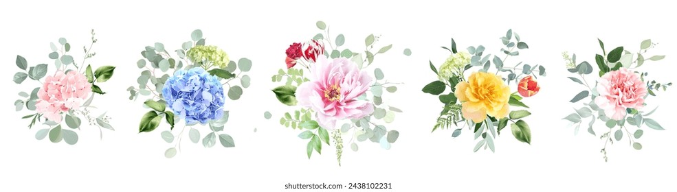 Bright hydrangea flowers, roses, tulips, peony, carnation, greenery and eucalyptus Easter vector bouquets. Floral pastel watercolor. Blooming garden. Easter florals. Elements are isolated and editable