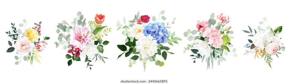 Bright hydrangea flowers, roses, tulips, peony, orchid, magnolia greenery and eucalyptus wedding vector bouquets set. Floral pastel watercolor. Blooming garden. Elements are isolated and editable