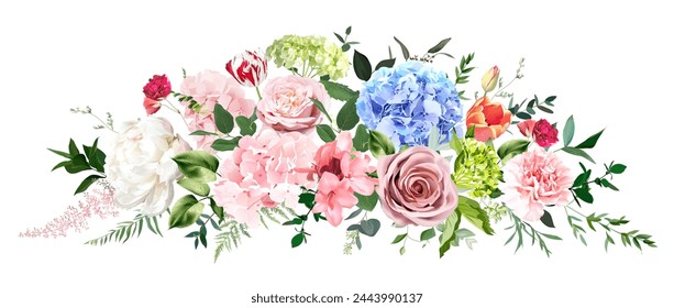 Bright hydrangea flowers, roses, tulips, peony, carnation, greenery and eucalyptus. Easter vector bouquet. Floral pastel watercolor. Blooming garden. Easter florals. Elements are isolated and editable