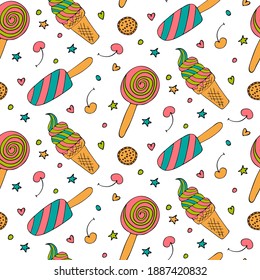 Bright ice cream doodle seamless pattern. Summer dessert, cherry and cookies seamless texture. Hand drawn. Textiles, packaging, wrapping paper, wallpaper design. Isolated objects on a white background